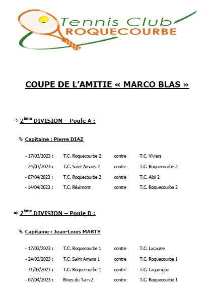 Planning des 2 équipes